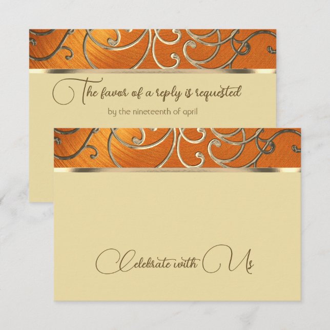 Carte RSVP Elegant Orange et Gold Filigree (Devant / Derrière)
