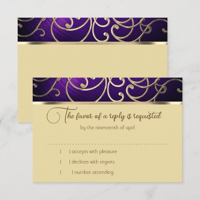 Carte RSVP Elegant Purple et Gold Filigree (Devant / Derrière)