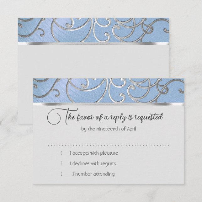Carte RSVP élégant Sky Blue et Gold Filigree (Devant / Derrière)