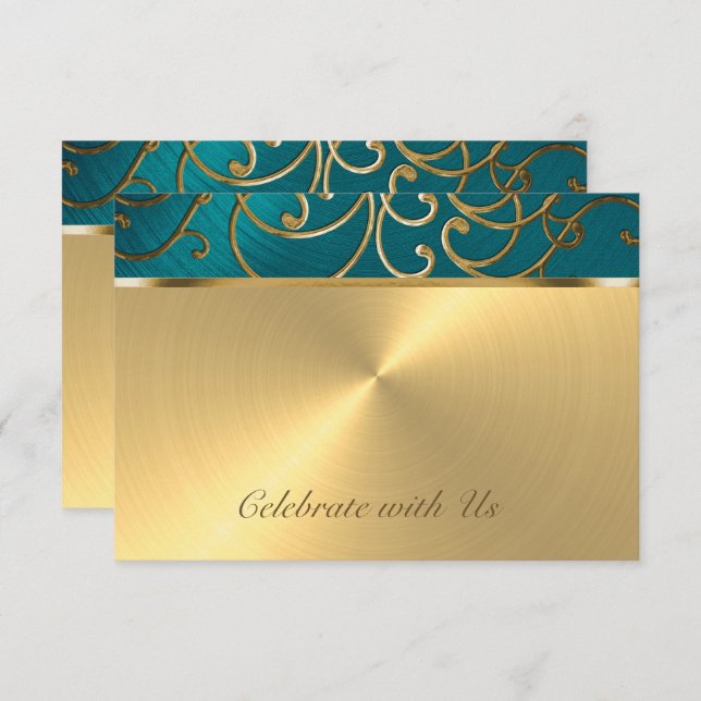 Carte RSVP Elegant Turquoise Blue et Gold Filigree (Devant / Derrière)