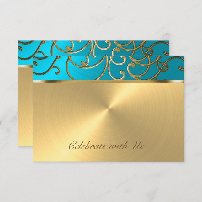 Carte RSVP Elegant Turquoise Blue Gold Filigree (Devant / Derrière)