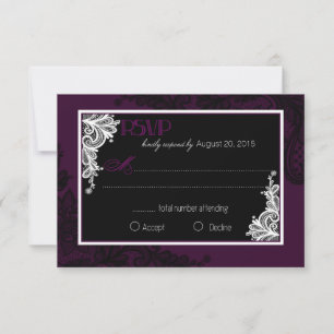 Carte RSVP élégante à dentelle blanche et noire Pl
