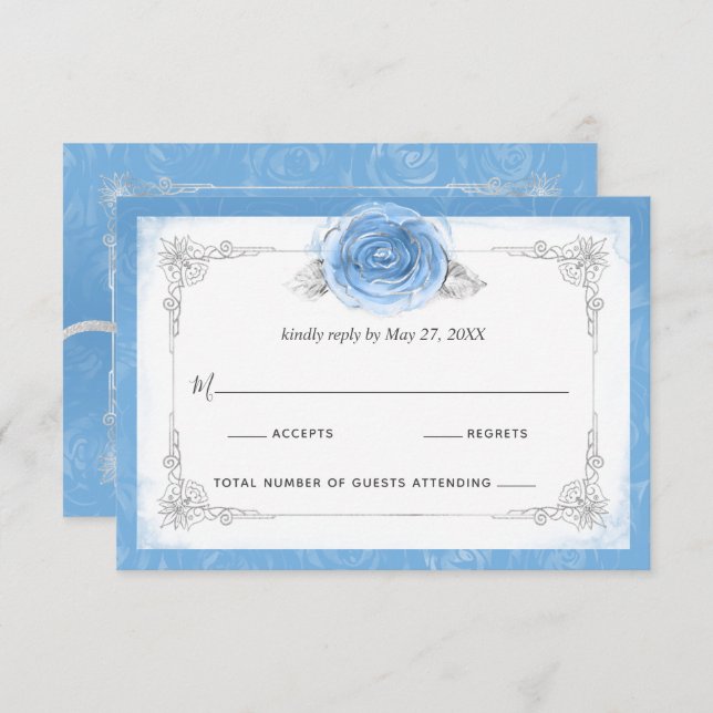 Carte RSVP Elégante Rose Argent et Bleu Bahama (Devant / Derrière)