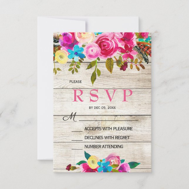 Carte RSVP en bois floral aquarelle rose printemps (Devant)