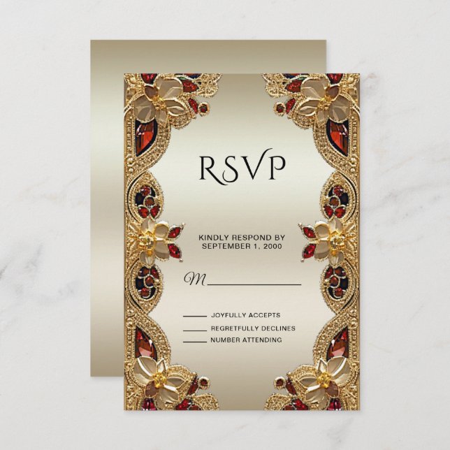 Carte RSVP en grès rouge Fleurs dorées (Devant / Derrière)