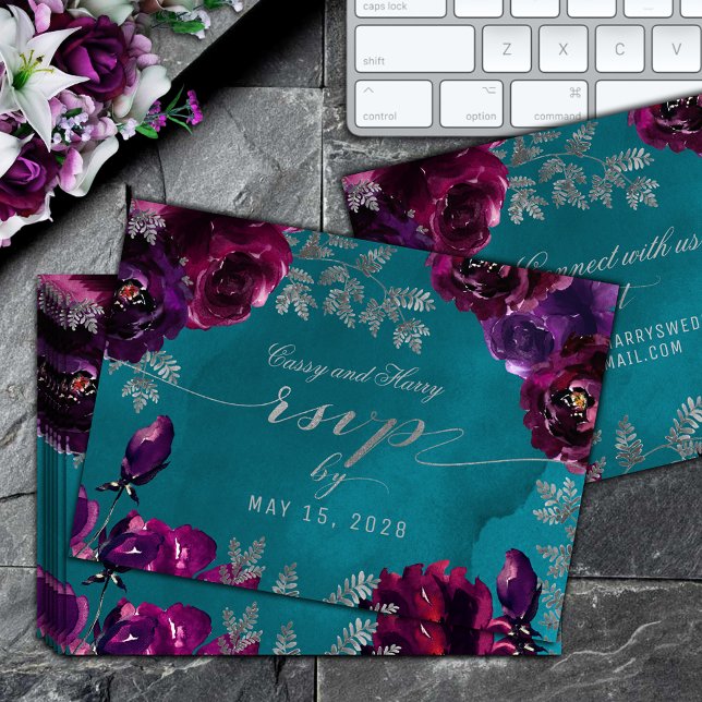 Carte RSVP en ligne Amethyst Garnet Turquoise Jewe (Amethyst Garnet Teal Jewel Tone Online RSVP Card)