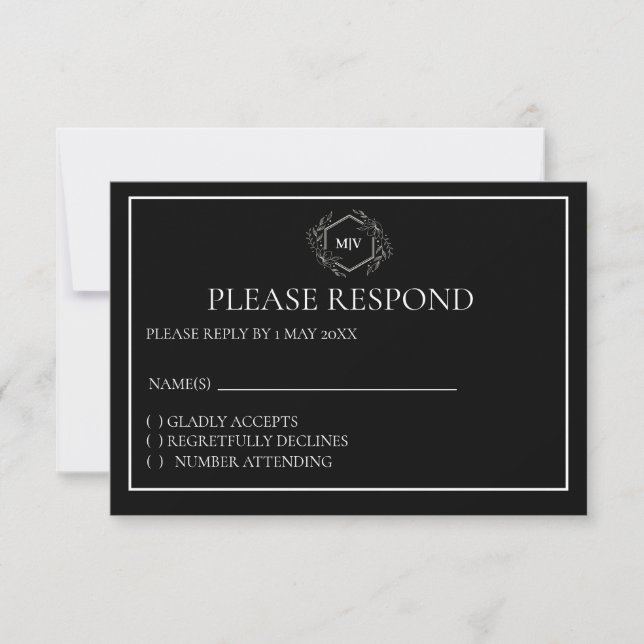 Carte RSVP en Monogramme noir et blanc (Devant)