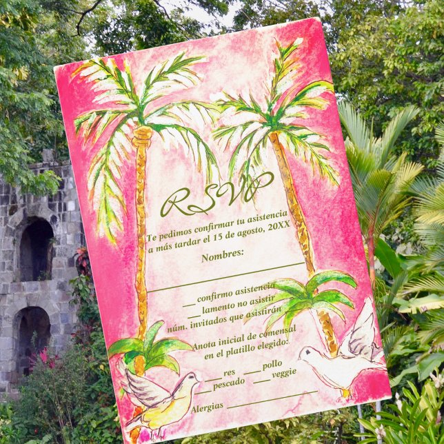 Carte RSVP Espagnol, Aquarelle Tropicale Rose (Créateur téléchargé)