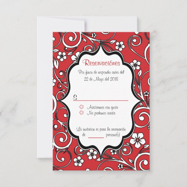 Carte RSVP espagnole Quinceañera rouge et noire (Devant)