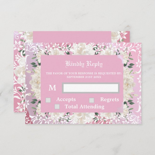 Carte RSVP et réponse rose et floral (Devant / Derrière)