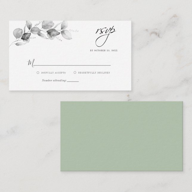 Carte RSVP Eucalyptus Noir Blanc Mariage (Devant / Derrière)