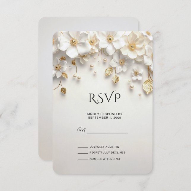 Carte RSVP Feuille en or blanc ivoire (Devant / Derrière)