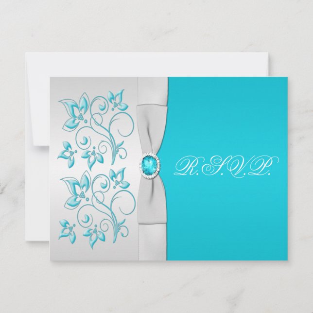 Carte RSVP Fleur Argent, Turquoise RIBBON IMPRIMÉE (Devant)