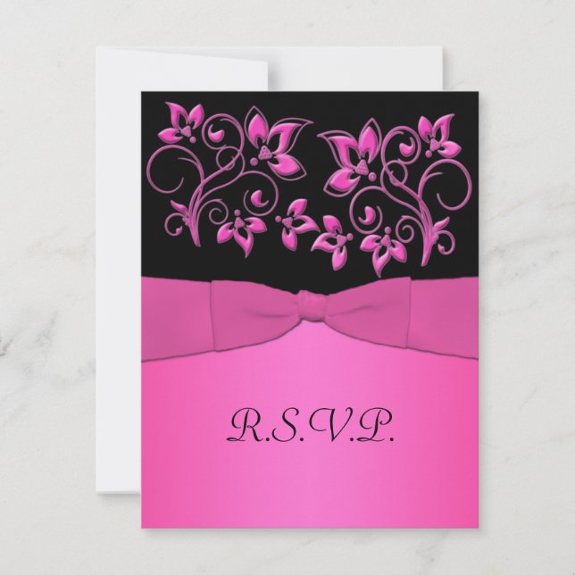 Carte RSVP Fleur Rose, Noir RIBBON IMPRIMÉE (Devant)