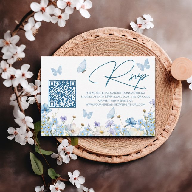 Carte RSVP Fleur sauvage Fête des mariées bleue QR (Créateur téléchargé)