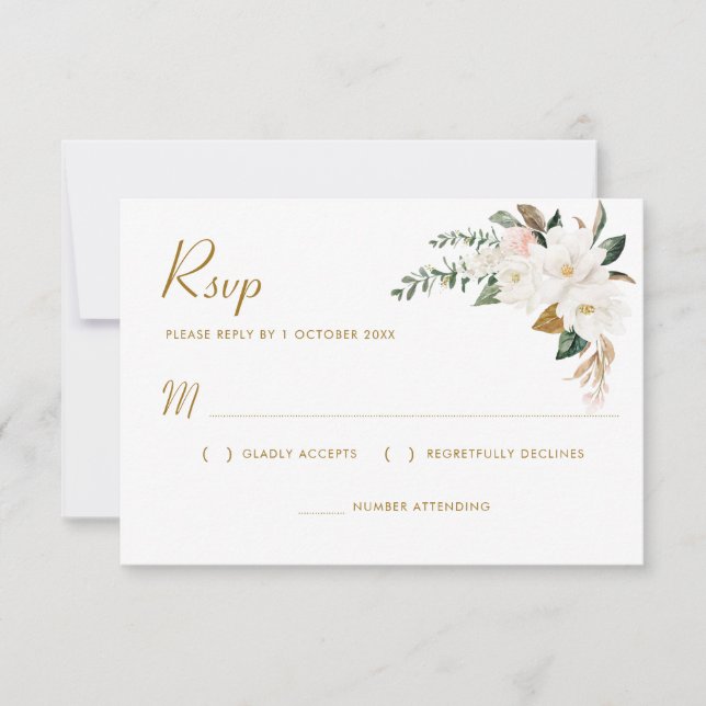 carte RSVP fleurie magnolia or et blanc (Devant)