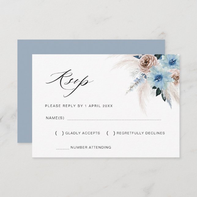 carte RSVP fleurie Pampas beige bleu poussiéreux (Devant / Derrière)