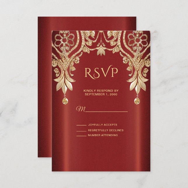 Carte RSVP Floral Rouge Or Moderne (Devant / Derrière)
