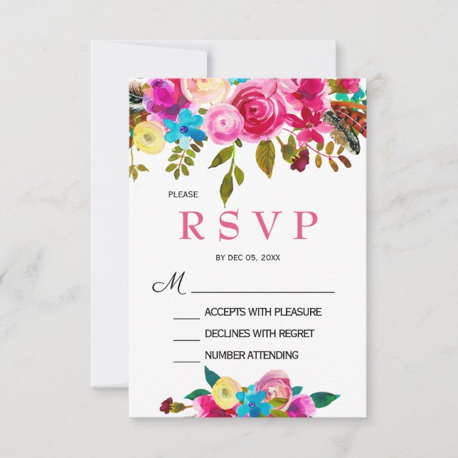 Carte RSVP florale aquarelle rose vibrant de print (Devant)
