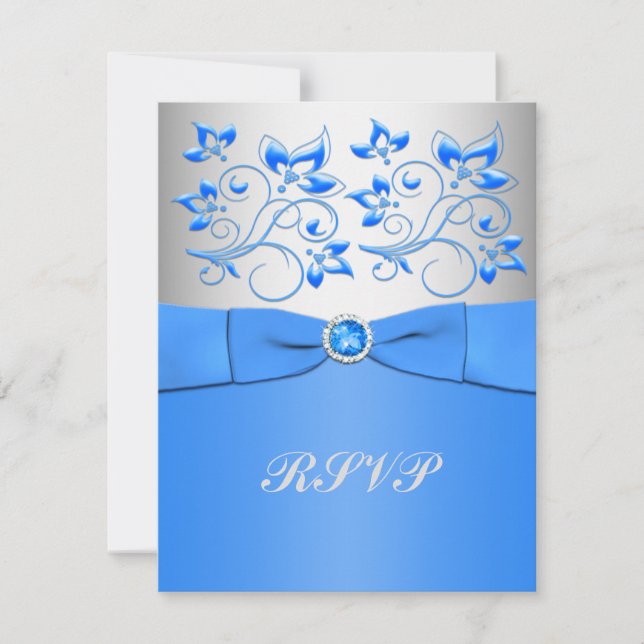 Carte RSVP florale bleue et argent (Devant)