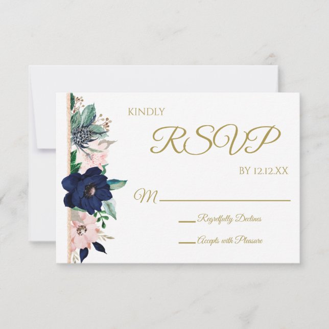 Carte RSVP florale Dusty Blue Rose Gold (Devant)