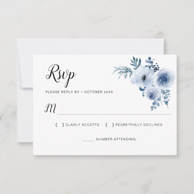 carte RSVP florale mariage bleu poussiéreux (Devant)