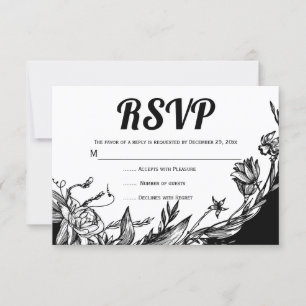 Carte RSVP florale noire, fleurs blanches