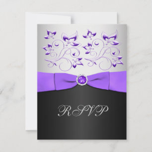 Carte RSVP florale noire, violette et argent