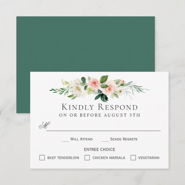 Carte RSVP florale rose vierge avec choix Entree (Devant / Derrière)
