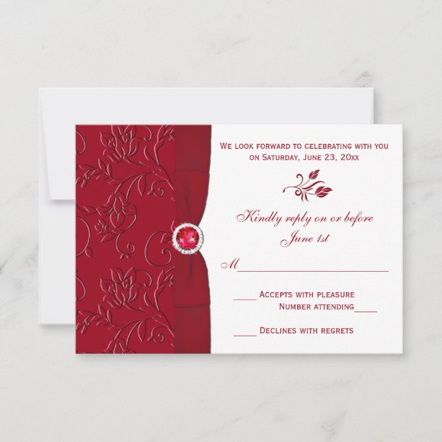 Carte RSVP florale rouge rubis et blanc (Devant)