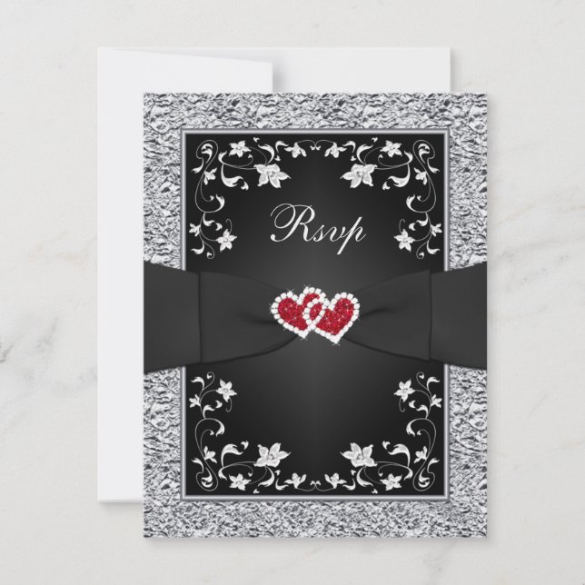Carte RSVP Foil Flore Black Argent Coeurs rouges F (Devant)