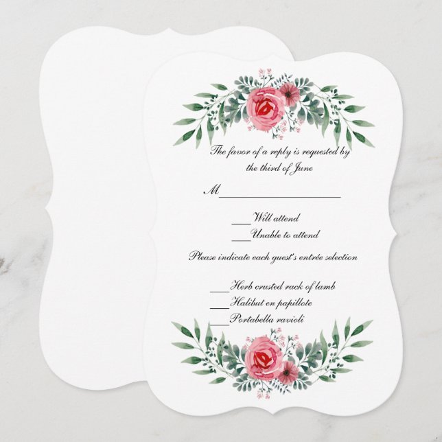Carte RSVP Foliage couleur rose Aquarelle (Devant / Derrière)