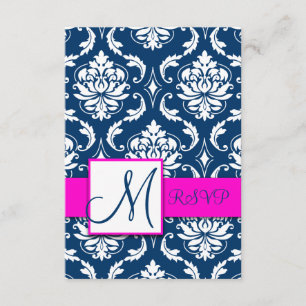Carte RSVP Fuchsia Navy Blue Damask Monogramme