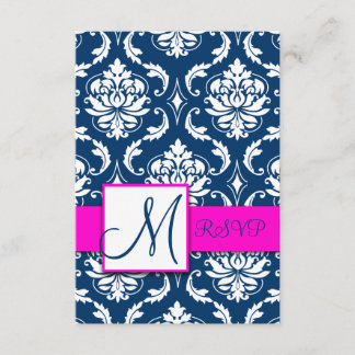 Carte RSVP Fuchsia Navy Blue Damask Monogramme