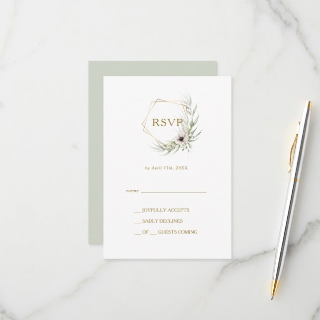Carte RSVP géométrique Eucalyptus Gold (Devant/Arrière en situation)