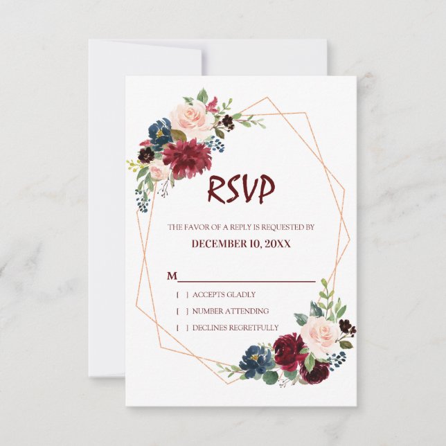 Carte RSVP géométrique Floral de la Marine Rouge d (Devant)