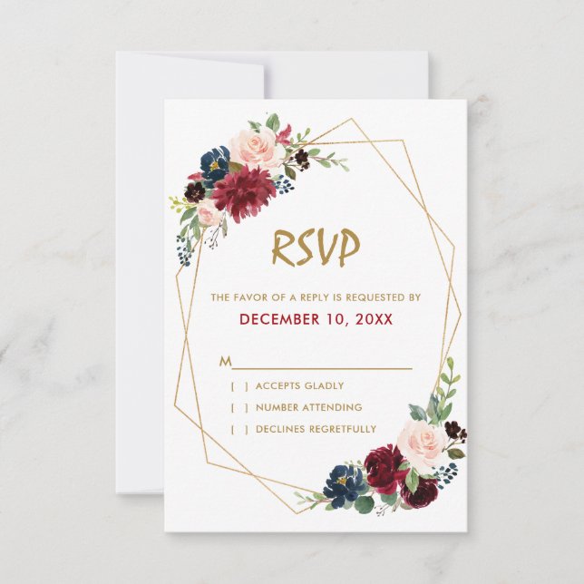 Carte RSVP géométrique Floral de la Marine Rouge d (Devant)