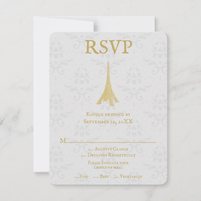 Carte RSVP Gold Eiffel Tower Mariage damassé (Devant)