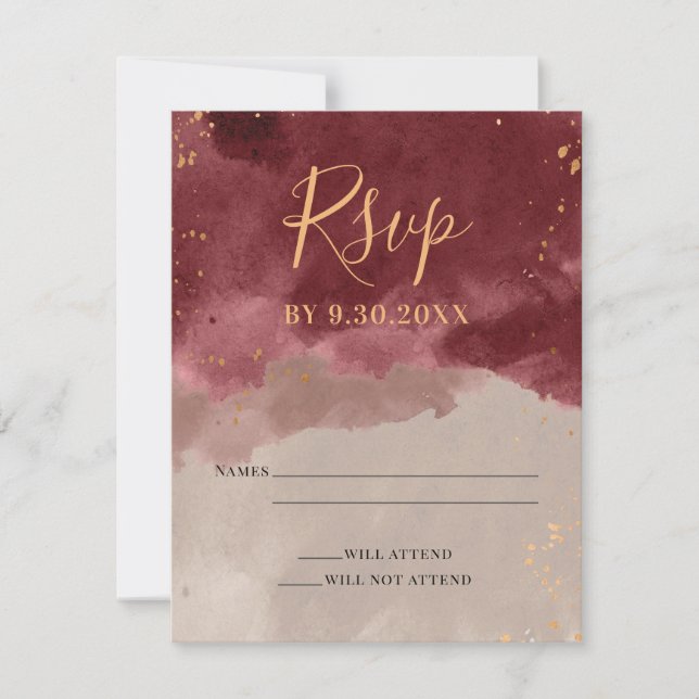 Carte RSVP Gold et Bourgogne Watercolor (Devant)