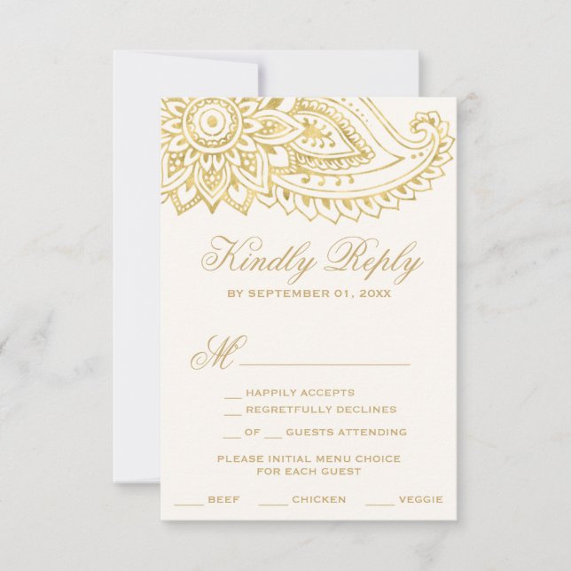 Carte RSVP Gold Indian Paisley Menu Choix (Devant)