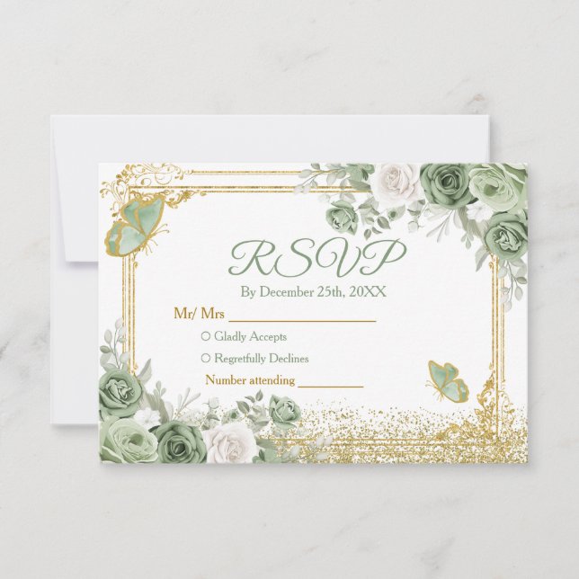 Carte Rsvp Gold Quinceañera Sage Green Crown (Devant)