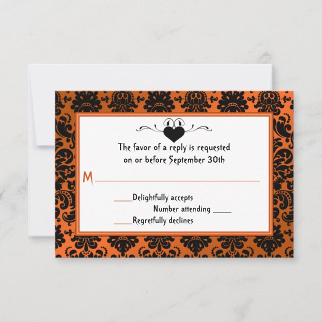 Carte RSVP gothique orange et noir Damas (Devant)