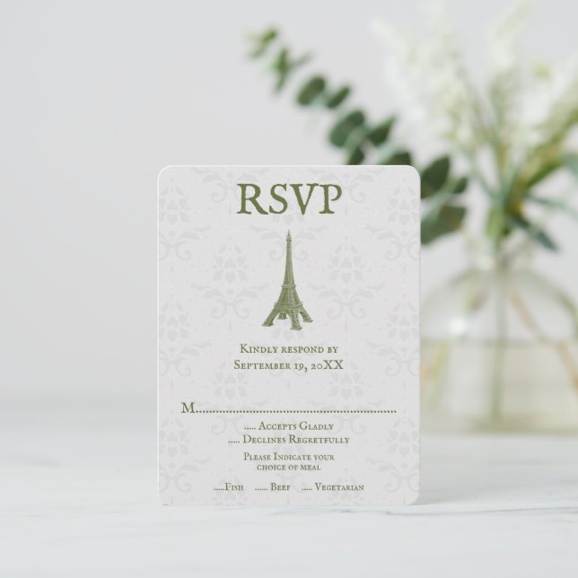 Carte RSVP Green Eiffel Tower Mariage damassé (Debout devant)