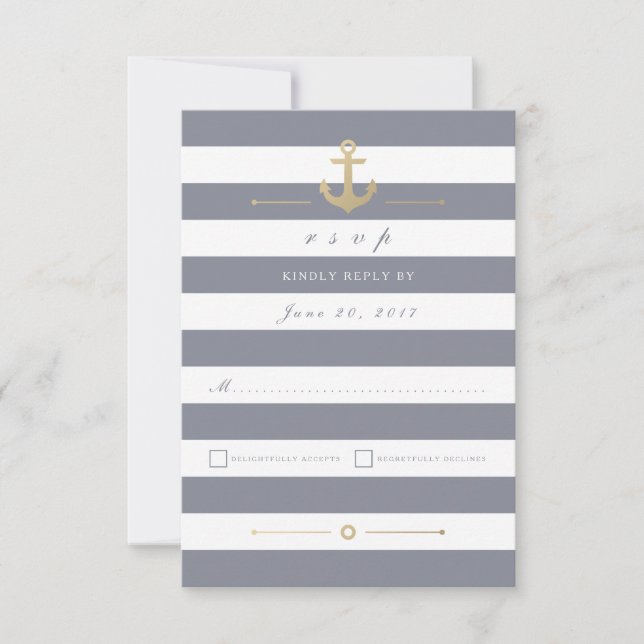 Carte RSVP Gris blanc rayé réponse nautique (Devant)