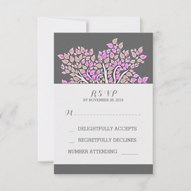 carte RSVP gris élégant vieux violet arbre mariage (Devant)