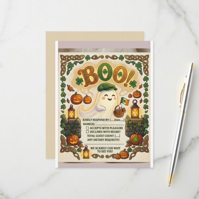 Carte RSVP Halloween St Patrick effrayante imprima (Devant/Arrière en situation)