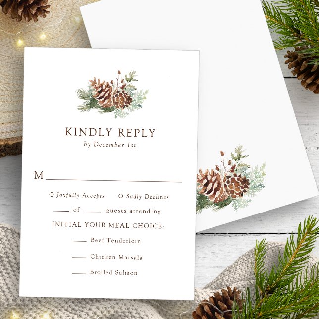 Carte RSVP hiver Repas (Elegant Watercolor Evergreen Meals Winter RSVP Card by Painted Paperie
)