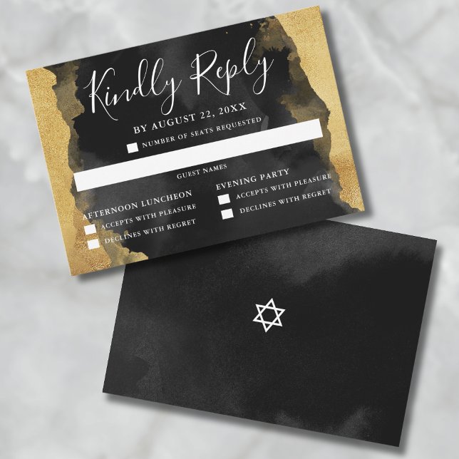 Carte RSVP Invitation Mitzvah Gold Black Aquarelle (Gold Watercolor Bar Bat Mitzvah Reply RSVP Card)