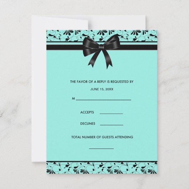 Carte RSVP Invitation turquoise Blue Black Swirl A (Devant)