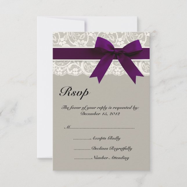 Carte RSVP Lace Ribbon Grey et Plum (Devant)
